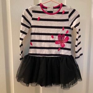 Catimini Black Striped Tulle Pink Floral Applique Dress Long Sleeve Girls Size 2